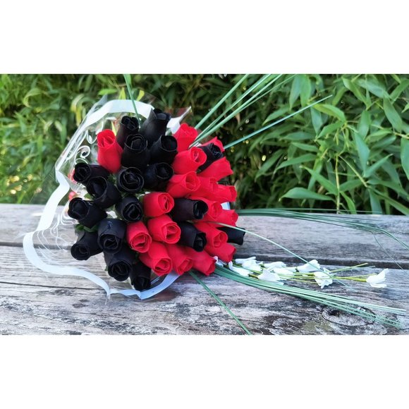 3 Dozen Black and Red Wooden Rose Flower Bouquet. The Original Wooden Rose - Picture 5 of 8